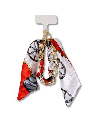 NIB Gold Chain Scarf Bracelet with Red and White Silk Tie phone wrist
